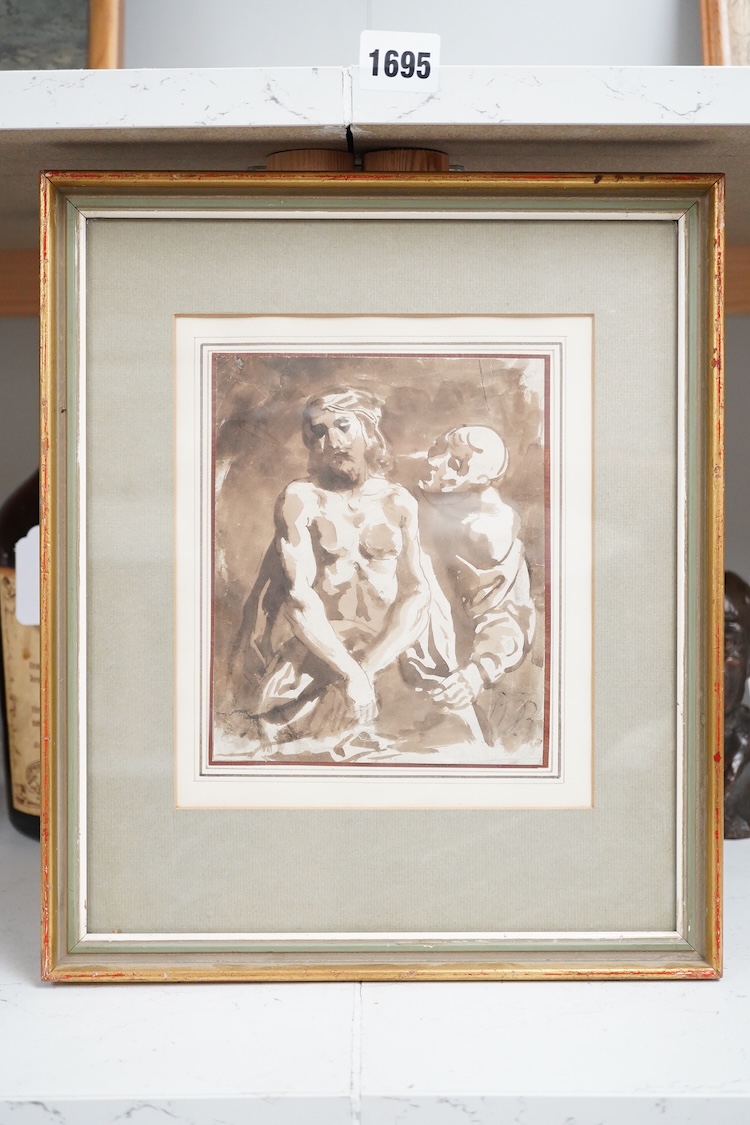Italian School, 17th / 18th century, Study of Christ and a deciple, Old Master sepia wash, 17 x 14cm
